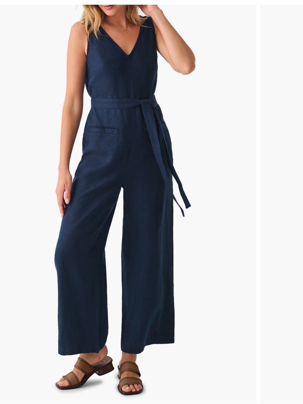 Faherty Catalina Sleeveless Wide-Leg Linen Jumpsuit Navy Blue Summer Capsule XS
